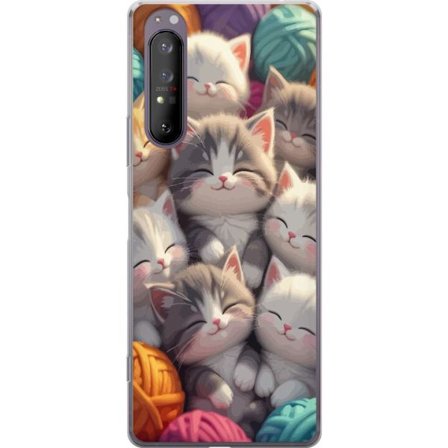 Yhteensopiva Puhelinkuori Sony Xperia 1 II Suloiset nukkuvat kissanpennut tiiviisti yhdessä värikkäiden lankakerien keskellä pehmeässä leikkisä