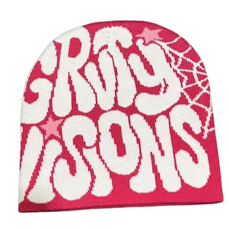 Strikkehætte Hue Beanie Bonnet ROSE RED&WHITE