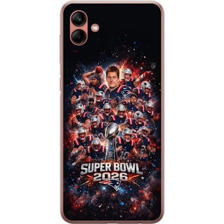 Yhteensopiva Puhelinkuori Samsung Galaxy A04 Super Bowl 2026 juliste, jossa New England Patriots ja NFL-mestaruuspalkinto räjähtävän urheilullisessa s