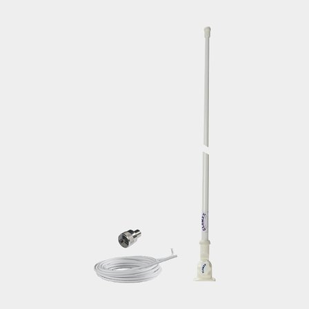 Glomex VHF motorbåtsantenn RA104 i vit glasfiber, 0,9 meter med justerbara däckfästen och 4,5 meter koaxialkabel