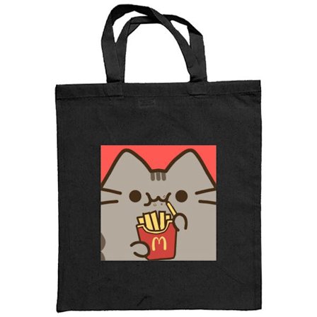 Stoffpose Pusheen-katt som spiser pommes frites i McDonald's stil - søtt og humoristisk motiv i en varm fargepalett.