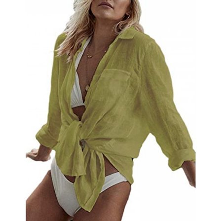 Långärmad strandskjorta för kvinnor, blusar med nedfälld krage, baddräktsöverdrag, G-ginger