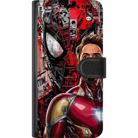 Kompatibelt Lommeboketui til Asus Zenfone 10 Dynamisk kollasjeillustrasjon med superhelt i rød rustning, tegneseriepaneler og intens handling i en gra