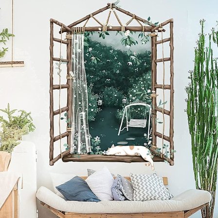 Skov nat udsigt falsk vindue vægklistermærke, kat sover på vindueskarmen naturlandskab tapet klistermærke, aftagelig grøn plante kunst vægmaleri, 