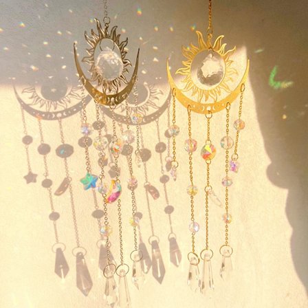 Crystal Suncatcher Window Wind Chimes Light Catcher Rainbow Prism Crystal Gold Sun Moon Sun Catcher Indoor Car Hanging Gift