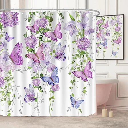 Lila Duschdraperi Fjäril Duschdraperier för Badrum, Sommar Duschdraperi Lavendel Lila Rosa 12 Krokar, 183x183 cm