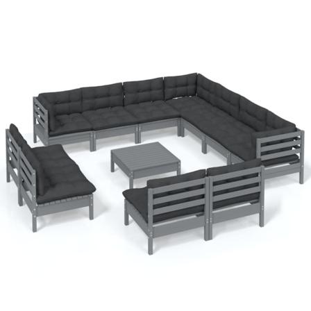 Vidaxl Loungegrupp Med Dynor 12 Delar Grå Massiv Furu Grå