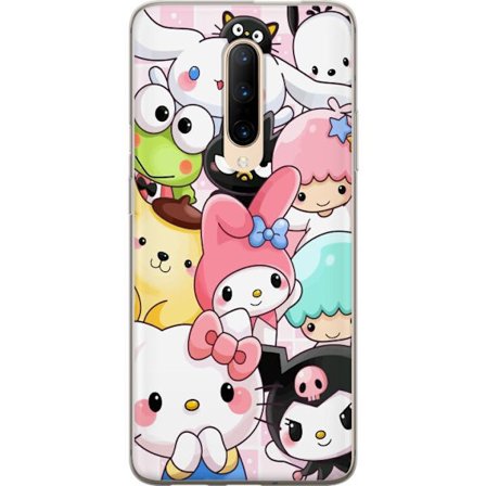 Kompatibelt Mobildeksel til OnePlus 7 Pro Tett mønster av søte figurer med store øyne i ulike farger og uttrykk med LABUBU-tekst