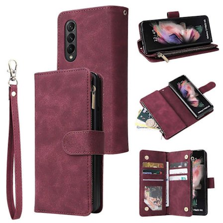 Etui for Samsung Galaxy Z FOLD 3 5G Lær Magnetisk Håndveske Glidelås Lomme Deksel Håndleddsreim Kompatibel med Samsung Galaxy Z FOLD 3 5G Etui