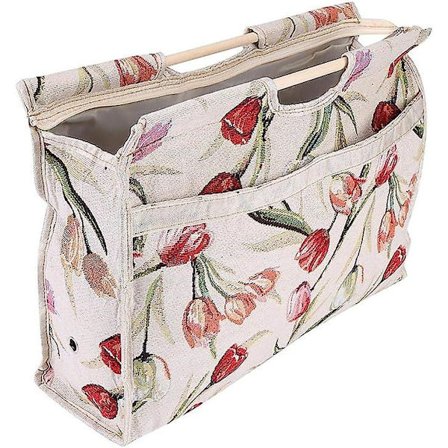 Stickningsväska, Trähandtag Vävda Tygförvaringsväska Resegarnförvaringsväska Organizer Virkväska För Sticknålar Symaskiner (röd blomma)