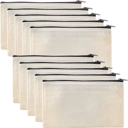 Pakke med 10 hvite lerretvesker med glidelås, glidelås-blyantveske, tom lerretveske, sminkeveske, myntveske, reisetilbehør (svart kjede)