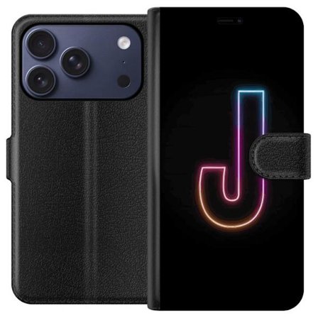 Yhteensopiva Lompakkokotelo Apple Apple iPhone 17 Pro Minimaalinen neonkirjain J värien vaihtuessa valossa mustaa taustaa vasten