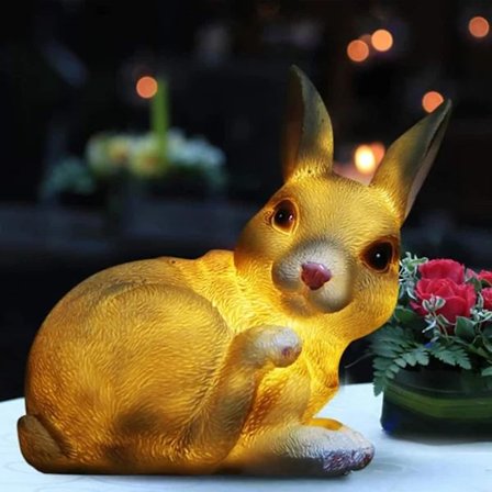 Solcelle Kanin Statue Havefigur, Vandtæt Harpiks Kanin Havedekoration Med Sol Udendørslys Til Gård Påskeindretning, Varm Hvid