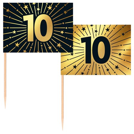 Partypicks 10 år Guld/Svart 50-pack