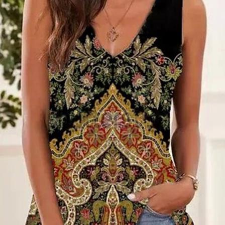 Damväst Bohemian Print Tank Top Ärmlös V-hals