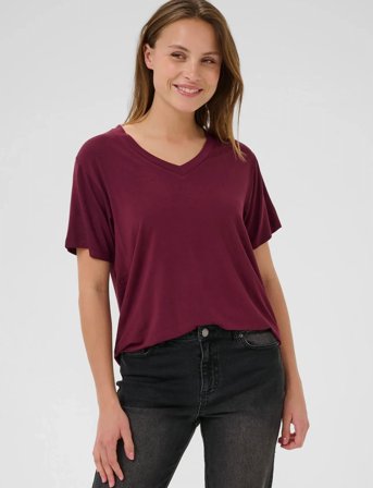 Kaffe Kafrida V-Neck T-Shirt - Burgundy - S