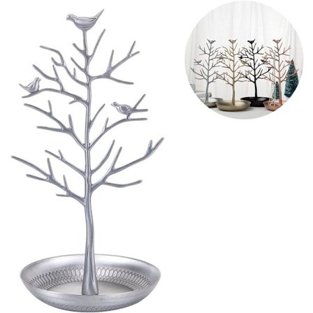 Småfågelträd Smycken Örhänge Halsband Display Stativ Smycken Förvaringstorn Legering Träd Display Stativ, Silver