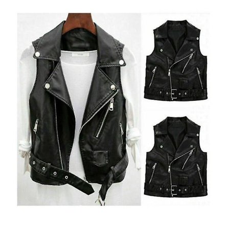 Dame Faux Læder Ryg Sort Jakke Kort Ærmeløs Jakke