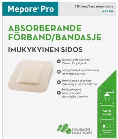 Mepore Pro dusjtett selvheftende kompress, Steril, 6 cm x 7 cm, 5 stk.