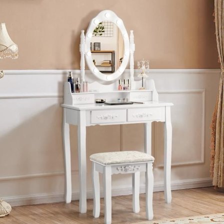 COSTWAY Toiletbord, makeupbord med ovalt spejl og 10 dæmpbare LED-pærer 4 skuffer 1 skammel Hvid