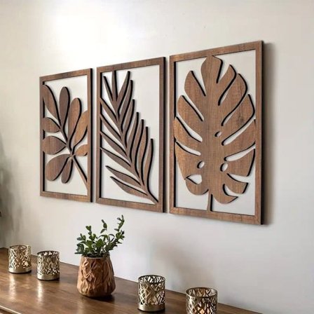 3-pack Walnut Wall Sculptures – Large Wall Decor & Wall Art with Oak Leaves for Living Room & Bedroom