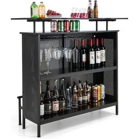 COSTWAY Home Barbord med 2 vinhylder og 6 glasholdere, metalfodstøtte, 7 justerbare ben, sort