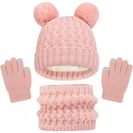 Skjerf, hansker og hatt sett i tre deler - alder 2-8 - rosa