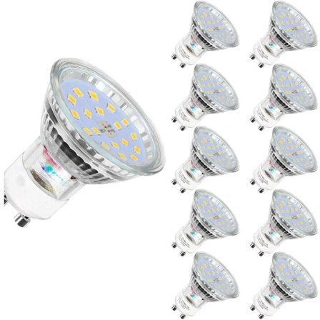 10 GU10 LED-lampor, 5 watt, motsvarande 60-watts halogenlampa, 560 lumen, 6000K kallvitt ljus, ej dimbara.