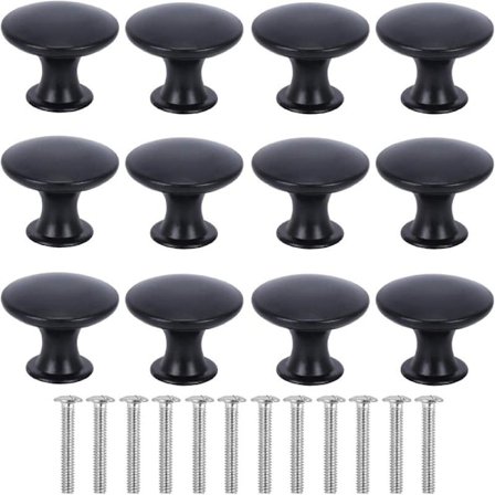 Sett med 12 runde dørknapper, moderne svarte skapsknapper, dørskuff