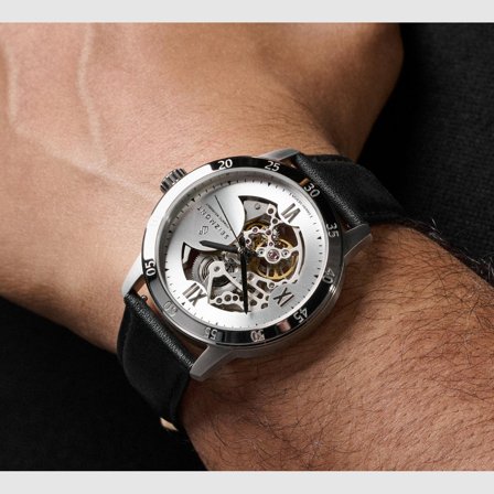 Dante II | Montre squelette en acier inoxydable noir et argenté avec bracelet en cuir pour hommes - Montres bracelet