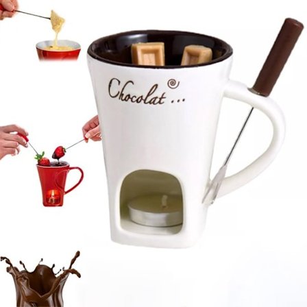 Chokolade Smelte Kop - Chokoladefondue Smelte Kop varmer med gaffel - Nostalgisk Keramisk Ostefondue Gryde - Mini Slow Stew Kop - Hvid