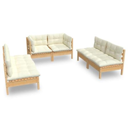 Vidaxl Loungegrupp Med Gräddvita Dynor 6 Delar Massiv Furu Creme