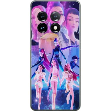 Yhteensopiva Puhelinkuori OnePlus 11 K-pop-inspiroinut tulevaisuutta ennakoiva tyttöryhmä neonvaloissa ja kosmisessa sci-fi-esiintymislavalla