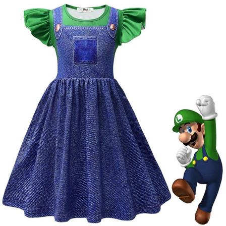 4-9 år Børn Piger Prinsesse Peach/super Mario Cosplay Festkostume Kjole Gaver-Denimgrøn 7-8 Years