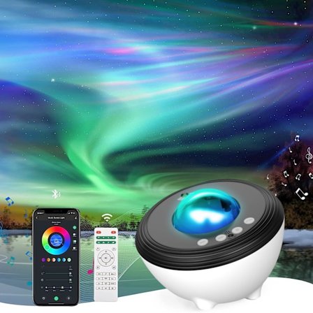 Stjärnprojektor Galaxprojektor, Smart Wi-Fi Aurora Lampprojektor med Bluetooth-högtalare 8 Vitbrus Ljudmaskin