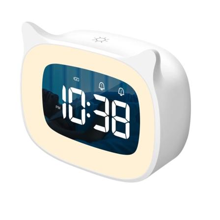 Børnevækkeur med dæmpbart natlys, sødt digitalt ur med katteører til drenge og piger, 5 minutters vækkeur, Wa