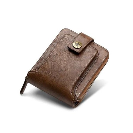 Vintage Herr Pu Läder Liten Plånbok Kort Horisontell Dragkedja Myntficka Trefaldig Kortfodral Fodral Brun