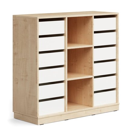 Student storage CASPER, 12 drawers, 3 compartments, base frame, birch/white