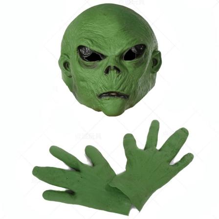2st Grön Alien Kostym Set 1 Par Cosplay Handskar 1 Huvudbonad