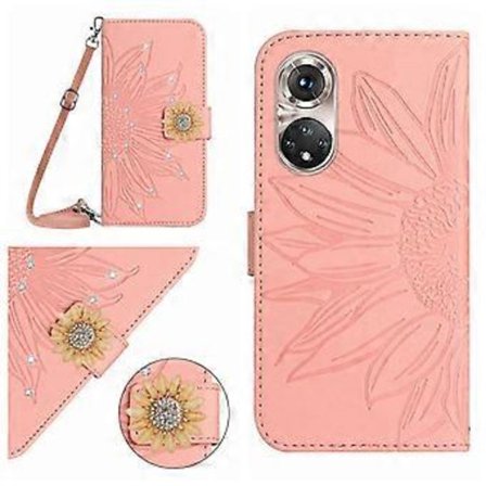 Kompatibel med Huawei P50 Præget Solsikke med Diamanter Magnetisk Kortholder Pung Telefon Cover med Skulderrem - Pink