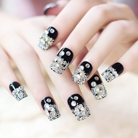 Mandelformade tryck på naglar: 24 st Flash Diamond Crystal Long Shiny Coffin Flash Falska naglar Tryck på naglar Lim Falska spetsar