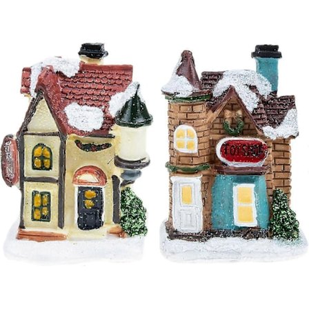 Pieni, pimeässä hohtava joulukyläsetti - 2-osainen lumisen talon sisustus juhlaviin esillepanoihin