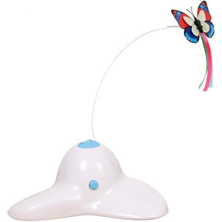 Sisätiloissa toimiva interaktiivinen kissanlelu, jossa 360° pyörivä valkoinen perhonen