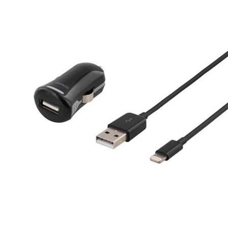Deltaco Billaddare med lightning-kabel, 1A, MFi, 12-24V, 1m, svart