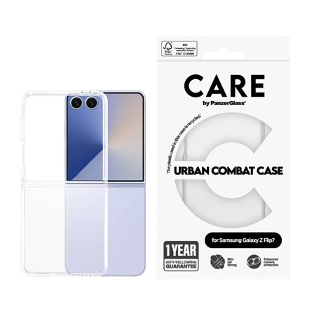PanzerGlass CARE Galaxy Z Flip7 Urban Combat deksel (gjennomsiktig) Klar ramme, resirkulert plast, Slim