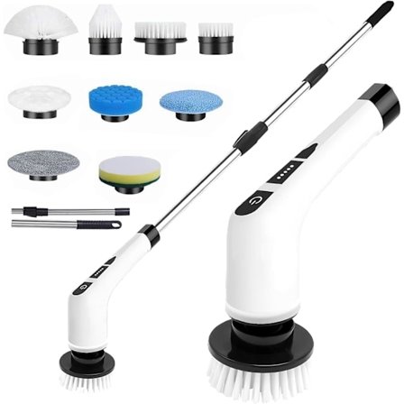 9-i-1 Elektrisk Rengjøringsbørste, Elektrisk Skrubber med Forlengelseshåndtak, 25W Effekt, 420RPM & 90min Driftstid, 2500mAh Batteri
