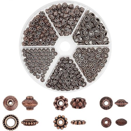 300 stk. Tibetanske Avstandsperler 6 Stiler Rød Kobber Avstandsperler Legeringsperle Bicone Donut Rondelle Avstandsstykker Smykker Løse Perler 