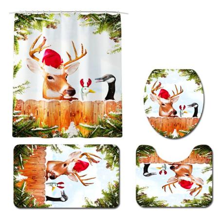 Christmas Animal Print vedenpitävä suihkuverho Neliosainen wc- set, D1,