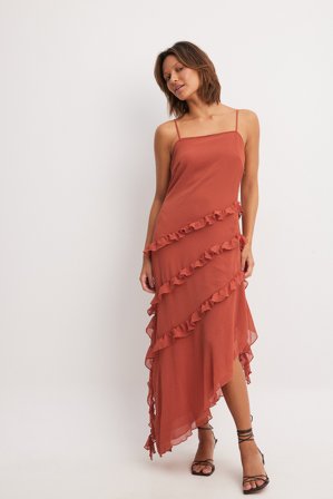 NA-KD Ruffle Chiffon Midi Dress - Chiffon Kjoler - Orange - EU 42