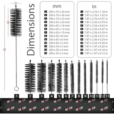 Rengöringsborste i nylon set om 13 - Mjölkslangborste Tål att diskas i diskmaskin - Passar minsta öppningar